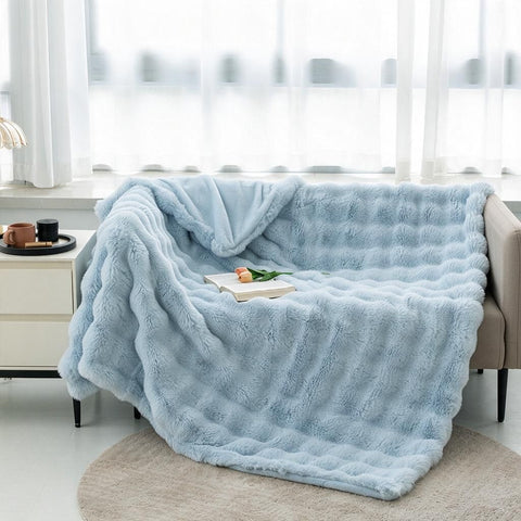 Wrap Up Warm: Light Blue 180x200cm Faux Rabbit Fur Throw with Coral Fleece Underside, Supersoft Couch Companion for Lounging