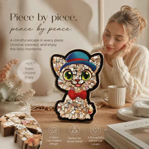 Wooden Jigsaw Puzzle, Cat with Blue Hat + Morandi Style Dog In Australia - Darrahopens