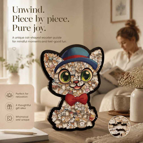 Wooden Jigsaw Puzzle, Cat with Blue Hat + Macaron Style Dog In Australia - Darrahopens