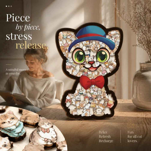 Wooden Jigsaw Puzzle, Cat with Blue Hat + Teddy Dog In Australia - Darrahopens