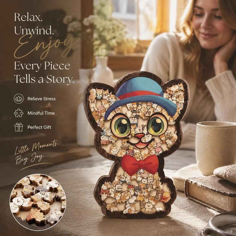 Wooden Jigsaw Puzzle, Cat with Blue Hat + Kitten In Australia - Darrahopens