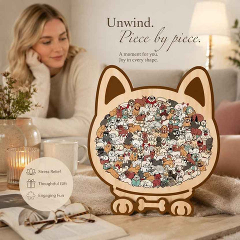 Wooden Jigsaw Puzzle, Morandi Style Dog + Little Bear In Australia - Darrahopens