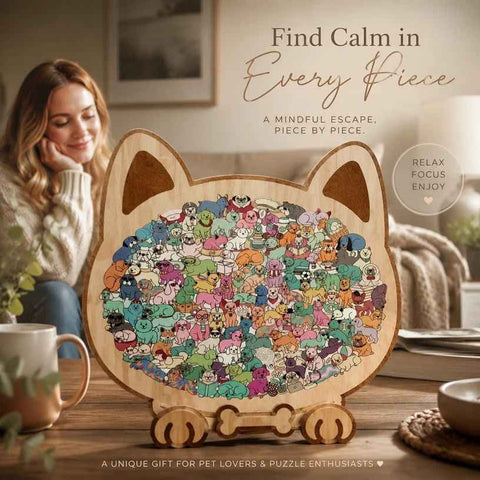 Wooden Jigsaw Puzzle, Macaron Style Dog + Little Bear In Australia - Darrahopens
