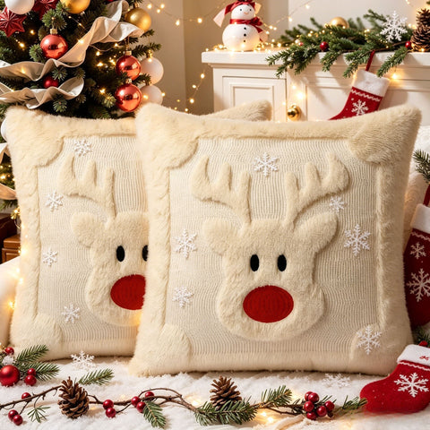 Set of 2 Christmas Cushion Covers - Reindeer (Pillow filling not included)