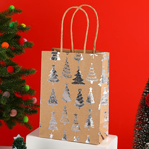 20Pcs Christmas Kraft Gift Bags, Silver Hot Stamping Christmas Tree, 15×8×21cm In Australia - Darrahopens