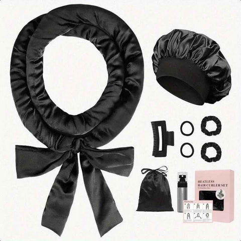Black Satin No Heat Sleep Hair Curler 9Pcs Gift Set