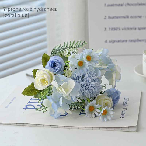 7-Branch Handheld Artificial Bouquet | Ins-Style Spring Romance, Long-Lasting Healing Little Happiness/7-prong rose hydrangea [coral blue] In Australia - Darrahopens