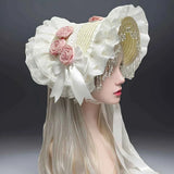 Original Handmade Straw Lolita Hat, Adorned with Handcrafted Pearl Tassels, Blending Gothic Dark with Elegant CLA Style – Large Silhouette Flatters the Head Shape, Full of Atmosphere./White pink flower