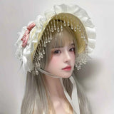 Original Handmade Straw Lolita Hat, Adorned with Handcrafted Pearl Tassels, Blending Gothic Dark with Elegant CLA Style – Large Silhouette Flatters the Head Shape, Full of Atmosphere./White pink flower