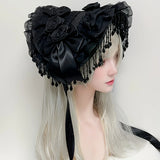 Original Handmade Straw Lolita Hat, Adorned with Handcrafted Pearl Tassels, Blending Gothic Dark with Elegant CLA Style – Large Silhouette Flatters the Head Shape, Full of Atmosphere./White pink flower