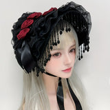 Original Handmade Straw Lolita Hat, Adorned with Handcrafted Pearl Tassels, Blending Gothic Dark with Elegant CLA Style – Large Silhouette Flatters the Head Shape, Full of Atmosphere./White pink flower