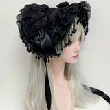 Original Handmade Straw Lolita Hat, Adorned with Handcrafted Pearl Tassels, Blending Gothic Dark with Elegant CLA Style – Large Silhouette Flatters the Head Shape, Full of Atmosphere./Black flower