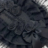 Original Handmade Straw Lolita Hat, Adorned with Handcrafted Pearl Tassels, Blending Gothic Dark with Elegant CLA Style – Large Silhouette Flatters the Head Shape, Full of Atmosphere./Black flower