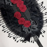 Original Handmade Straw Lolita Hat, Adorned with Handcrafted Pearl Tassels, Blending Gothic Dark with Elegant CLA Style – Large Silhouette Flatters the Head Shape, Full of Atmosphere./Black flower