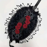 Original Handmade Straw Lolita Hat, Adorned with Handcrafted Pearl Tassels, Blending Gothic Dark with Elegant CLA Style – Large Silhouette Flatters the Head Shape, Full of Atmosphere./Black safflower