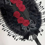 Original Handmade Straw Lolita Hat, Adorned with Handcrafted Pearl Tassels, Blending Gothic Dark with Elegant CLA Style – Large Silhouette Flatters the Head Shape, Full of Atmosphere./Black safflower