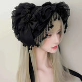 Original Handmade Straw Lolita Hat, Adorned with Handcrafted Pearl Tassels, Blending Gothic Dark with Elegant CLA Style – Large Silhouette Flatters the Head Shape, Full of Atmosphere./Black safflower