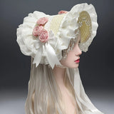 Original Handmade Straw Lolita Hat, Adorned with Handcrafted Pearl Tassels, Blending Gothic Dark with Elegant CLA Style – Large Silhouette Flatters the Head Shape, Full of Atmosphere./Black safflower