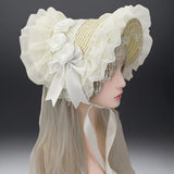 Original Handmade Straw Lolita Hat, Adorned with Handcrafted Pearl Tassels, Blending Gothic Dark with Elegant CLA Style – Large Silhouette Flatters the Head Shape, Full of Atmosphere./Black safflower