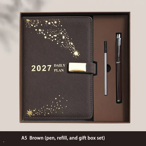 2027 Hardcover Daily Planner: Textured Faux Leather Cover, Smooth Eye-Friendly Thick Paper, Gift Box Set for Work or Gifting.(BROWN)