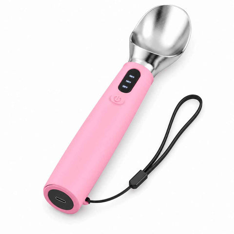 Rechargeable Smart Heated Ice Cream Scoop, 3 Temperature Settings for Quick Scooping, Zinc Alloy Head with Silicone Handle, Type-C Charging, Essential Home Dessert Tool./PINK