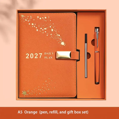 2027 Hardcover Daily Planner: Textured Faux Leather Cover, Smooth Eye-Friendly Thick Paper, Gift Box Set for Work or Gifting.（ORANGE)