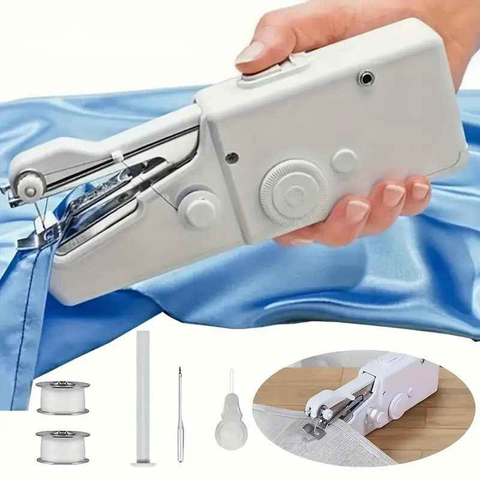 Handheld Sewing Machine, Mini Portable Sewing Machine, Quick Handheld Sewing Tool, Suitable for Fabric and Clothing (Batteries Not Included, Requires 4 AA Batteries), Colors of Fabric and Thread Spool in Accessories Are Random