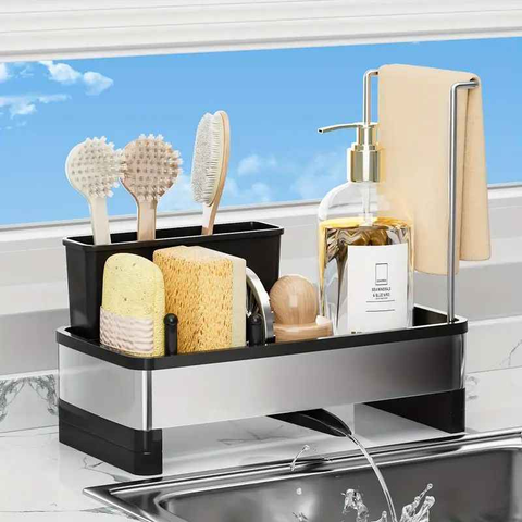 No Drill 360° Rotating Drain Sponge Holder with Tray Kitchen Sink Organizer AU(BLACK)