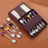 🎃 Halloween Cartoon Coffee Spoon Gift Box! Stainless Steel Pumpkin Ghost Stirring Spoon Dessert Fork, One-Piece Construction Easy to Clean, Exquisite Gift Box Packaging, Must-Have Creative Party Gift! ✨ (6-Piece Set Silver)
