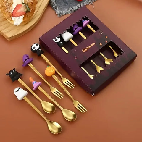 🎃 Halloween Cartoon Coffee Spoon Gift Box! Stainless Steel Pumpkin Ghost Stirring Spoon Dessert Fork, One-Piece Construction Easy to Clean, Exquisite Gift Box Packaging, Must-Have Creative Party Gift! ✨ (6-Piece Set GOLD)