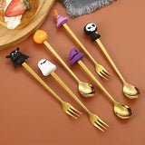 🎃 Halloween Cartoon Coffee Spoon Gift Box! Stainless Steel Pumpkin Ghost Stirring Spoon Dessert Fork, One-Piece Construction Easy to Clean, Exquisite Gift Box Packaging, Must-Have Creative Party Gift! ✨ (6-Piece Set GOLD)