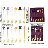 🎃 Halloween Cartoon Coffee Spoon Gift Box! Stainless Steel Pumpkin Ghost Stirring Spoon Dessert Fork, One-Piece Construction Easy to Clean, Exquisite Gift Box Packaging, Must-Have Creative Party Gift! ✨ (6-Piece Set GOLD)