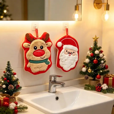 Christmas Hanging Hand Towel (2-Pack) | Coral Fleece Triple-Layer Thickened, 23×19cm Highly Absorbent, Fun Santa & Reindeer Double Design, Dual Use for Kitchen & Bathroom, Combines Practicality with Decoration