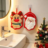 Christmas Hanging Hand Towel (2-Pack) | Coral Fleece Triple-Layer Thickened, 23×19cm Highly Absorbent, Fun Santa & Reindeer Double Design, Dual Use for Kitchen & Bathroom, Combines Practicality with Decoration