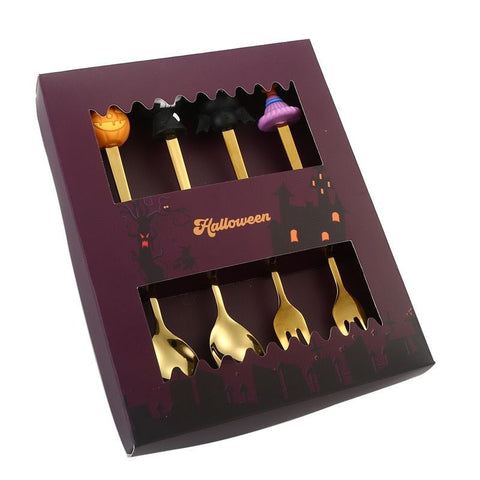 🎃 Halloween Cartoon Coffee Spoon Gift Box! Stainless Steel Pumpkin Ghost Stirring Spoon Dessert Fork, One-Piece Construction Easy to Clean, Exquisite Gift Box Packaging, Must-Have Creative Party Gift! ✨ (4-pcs GOLD) In Australia - Darrahopens