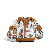 Adorable Animal Print Bucket Bag | Drawstring Design, Wide Adjustable Strap, Bear-Inspired Jacquard Pattern, Includes Matching Coin Pouch Accessory(BROWN) In Australia - Darrahopens