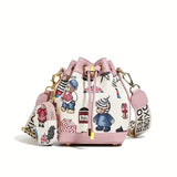 Adorable Animal Print Bucket Bag | Drawstring Design, Wide Adjustable Strap, Bear-Inspired Jacquard Pattern, Includes Matching Coin Pouch Accessory(PINK)