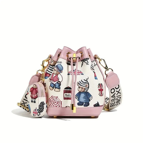 Adorable Animal Print Bucket Bag | Drawstring Design, Wide Adjustable Strap, Bear-Inspired Jacquard Pattern, Includes Matching Coin Pouch Accessory(PINK)