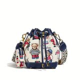 Adorable Animal Print Bucket Bag | Drawstring Design, Wide Adjustable Strap, Bear-Inspired Jacquard Pattern, Includes Matching Coin Pouch Accessory(PINK)