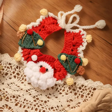 Handmade Yarn Pet Neckerchief, Christmas Photo Must-Have, Comfortable, Breathable & Adjustable. Santa Claus Crochet Neckerchief: Size S