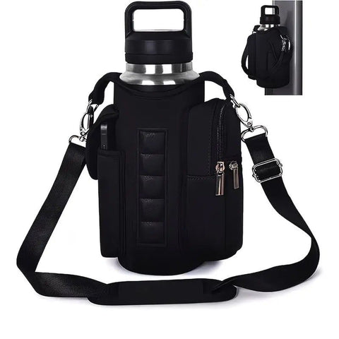 6-Magnet Suction Fitness Water Bottle Bag: Comes with Phone Pocket + Multi-Pocket Crossbody Design, Adjustable Shoulder Strap, Compatible with Treadmill and Squat Rack, Thickened Wear-Resistant Sports Essential/BLACK