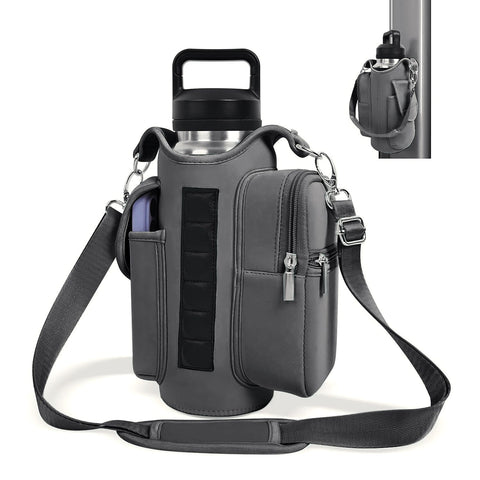 6-Magnet Suction Fitness Water Bottle Bag: Comes with Phone Pocket + Multi-Pocket Crossbody Design, Adjustable Shoulder Strap, Compatible with Treadmill and Squat Rack, Thickened Wear-Resistant Sports Essential/GREY