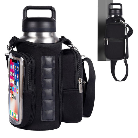 Transparent Single Row 6 Magnet Fitness Water Bottle Bag: HD touchscreen phone pocket, multi-pocket storage, thickened wear-resistant material securely attaches to equipment, one bag handles all sports and travel needs./black
