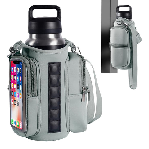 Transparent Single Row 6 Magnet Fitness Water Bottle Bag: HD touchscreen phone pocket, multi-pocket storage, thickened wear-resistant material securely attaches to equipment, one bag handles all sports and travel needs./GREY