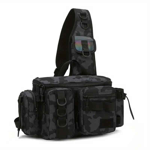 Camouflage Fishing Waist Bag – Large Capacity Multi-layer Partition, Side Pockets & Winding Strap for Full Loading, Breathable Shoulder Strap for Long-lasting Comfort(Black camouflage)