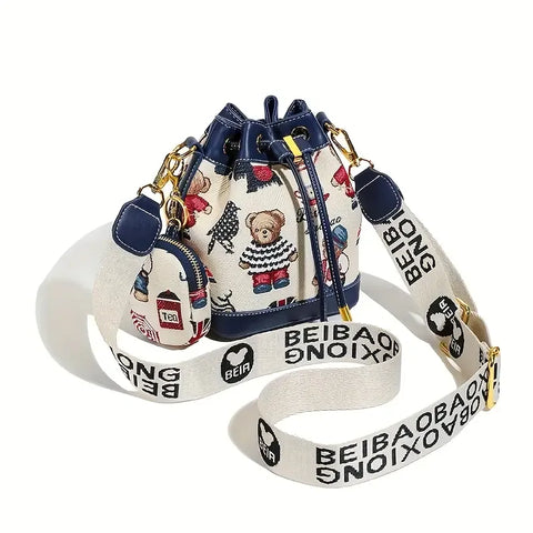 Adorable Animal Print Bucket Bag | Drawstring Design, Wide Adjustable Strap, Bear-Inspired Jacquard Pattern, Includes Matching Coin Pouch Accessory(blue) In Australia - Darrahopens