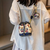 Adorable Animal Print Bucket Bag | Drawstring Design, Wide Adjustable Strap, Bear-Inspired Jacquard Pattern, Includes Matching Coin Pouch Accessory(blue)