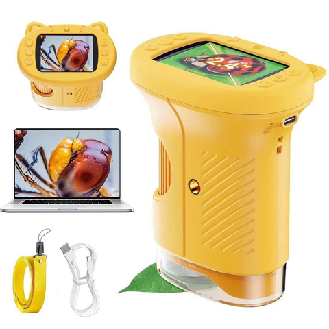 Children's 1000X Digital Microscope 2.4 Inch IPS Screen Portable Mini LED Microscope with Photo Video and PC Connection Science Educational Toy.YELLOW