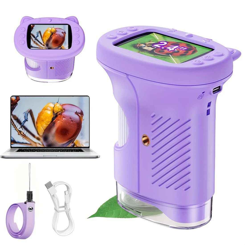 Children's 1000X Digital Microscope 2.4 Inch IPS Screen Portable Mini LED Microscope with Photo Video and PC Connection Science Educational Toy.purple