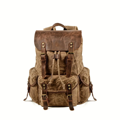 Retro Waxed Canvas Backpack, Crazy Horse Leather Large Capacity, Waterproof Outdoor Travel, Drawstring Closure, Comfort & Load Relief!(khaki) In Australia - Darrahopens